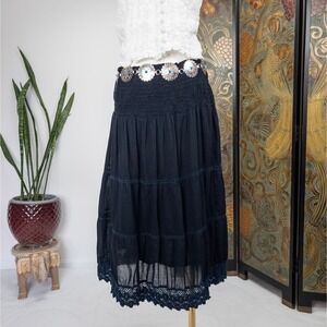Black Cotton Tiered Lace‎ Hem Boho Skirt Smocked Waist Y2K Fairycore Large